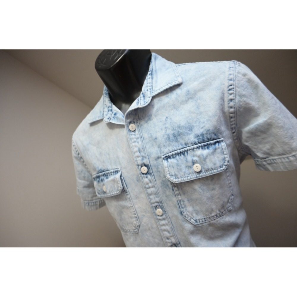 Express Button Up Denim Jean Shirt Blue Mens Small Acid Wash Short‎ Sleeve